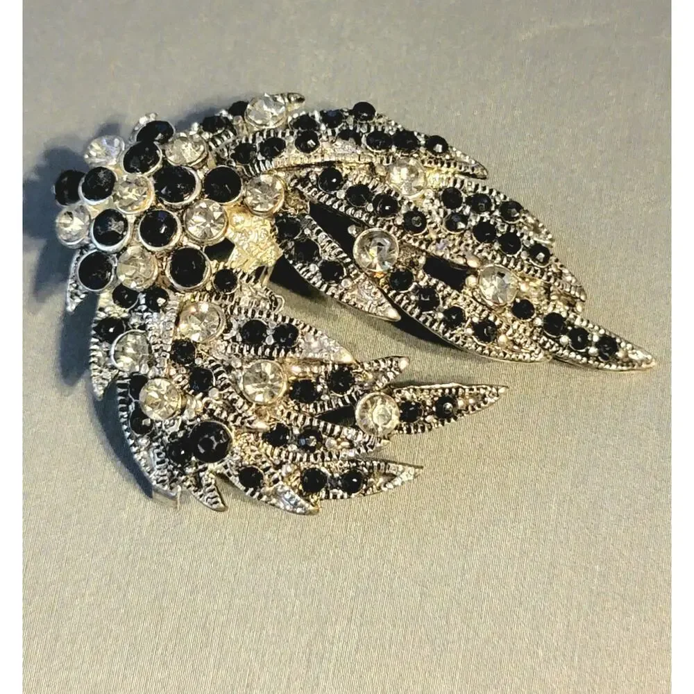 Vintage Black & White Rhinestone Flower Brooch Pin- Large 2